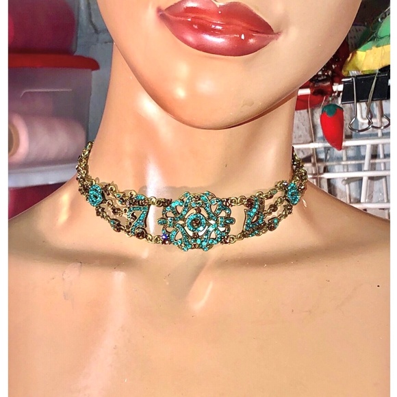 2003~VCLM Noblesse Austrian Crystal VTG Style Jade/Gold Choker Earrings Set NOS - Picture 11 of 11